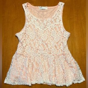 stella p Pink and White Lace Peplum Top